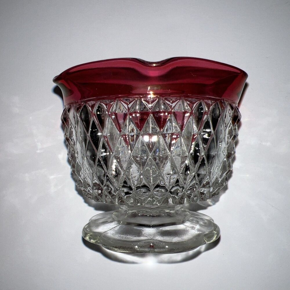 Vintage Indiana Glass Kings Crown Ruby Diamond Point Sugar Bowl Scalloped Rim